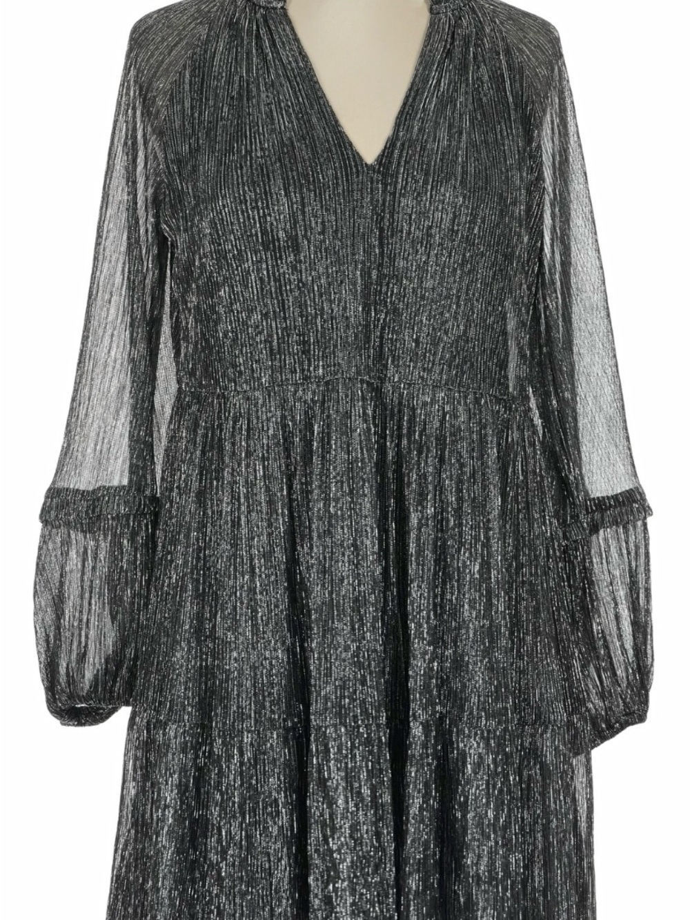 1. State Metallic Silver Pleated Tiered Dress